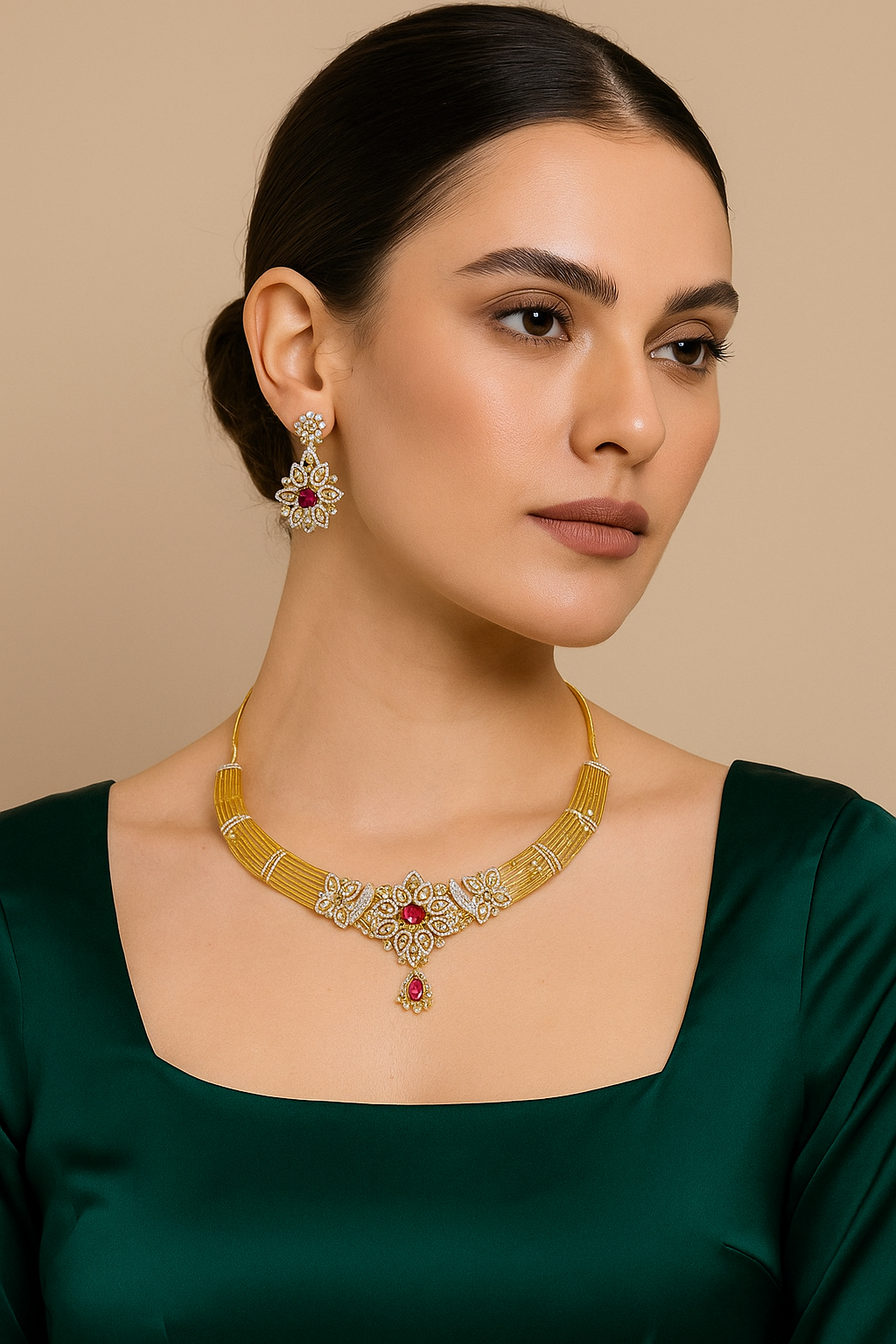 Ruby Floral Diamond Look Choker Necklace Set